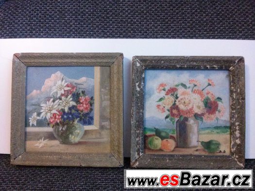 Starý obraz 22x22 cm . 2 ks, KYTICE – fotografie 1