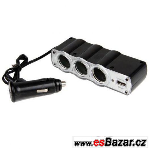 Auto zástrčka 3v1 s USB slotem,12V CL roztrojka do auta nová – fotografie 1