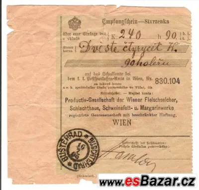 Peněžní c.k. poštovní stvrzenka z roku 1905
