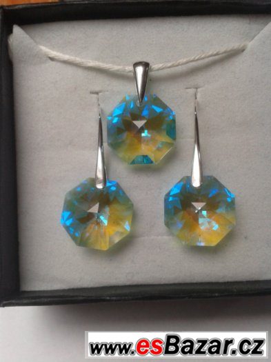 Stříbrný set se Swarovski Octagon, green, nový – fotografie 1