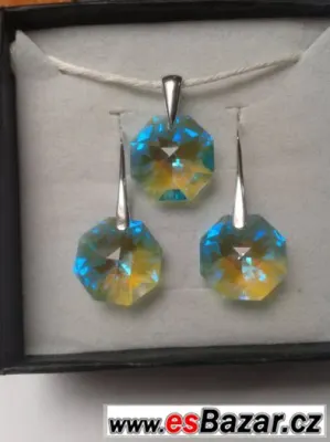 Stříbrný set se Swarovski Octagon, green, nový