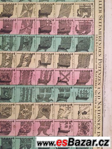 Námořní vlajky,velká rytina z roku 1720 originál – fotografie 2