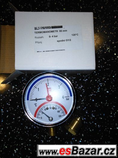 Termomanometr průměr 80mm,0-120st. 0-4bar - nový – fotografie 1