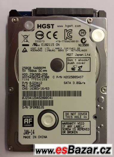 pevný disk notebook HDD 2,5" HGST 250GB SATA, záruka – fotografie 1