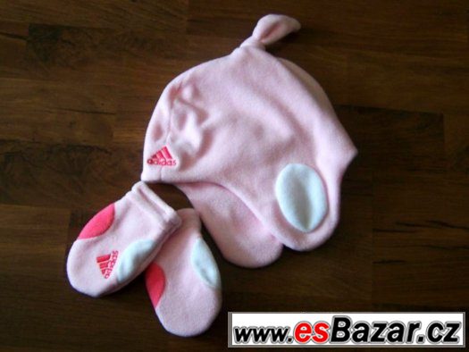 č.082 - dívčí růžový setík Adidas - čepička + rukavičky XXS – fotografie 3