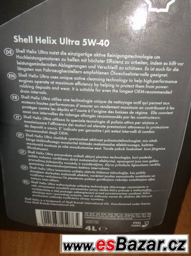 Prodám Nový motorový olej Shell Helix Ultra 5W-40 - 4 litry – fotografie 2