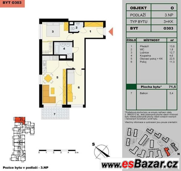 Velkorysý byt 3+kk o ploše 71.5 m2, s balkonem 5.7 – fotografie 4