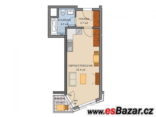Útulný byt 1+kk o ploše 33 m2, s balkonem 2.3 m2 – fotografie 5