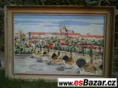 Vyšívaný obraz s motivem Pražského mostu