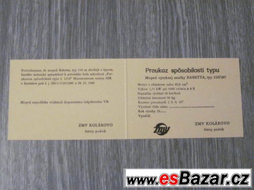 Kartička na moped Babeta 207nebo 210 – fotografie 2