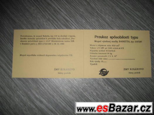 Kartička na moped Babeta 207/210 – fotografie 1