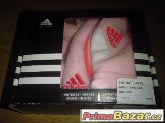 082 - dívčí růžový setík Adidas - čepička + rukavičky XXS – fotografie 1