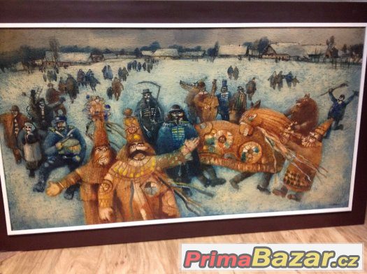 Prodám obraz MAŠKARA ZA VESNICÍ , plátno , 158cm x 94cm – fotografie 5