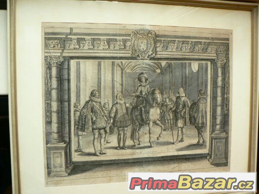Drezúra koní, Pluvinel z  r. 1666, orig. rytina – fotografie 3