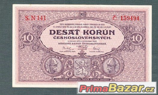 Staré bankovky - První republika 10 korun 1927, pěkný stav – fotografie 1