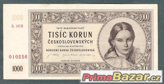 Staré bankovky - 1000 kčs 1945 pěkný stav – fotografie 1