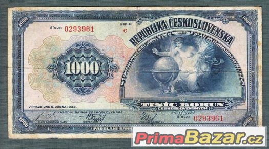Staré bankovky - První republika 1000 korun 1932 – fotografie 1