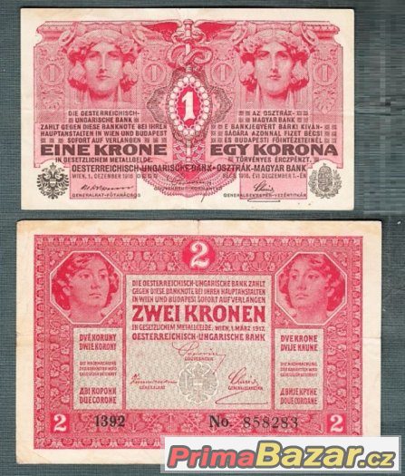 Staré bankovky - 1 koruna 1916 a 2 korun 1917, bez přetisku – fotografie 1