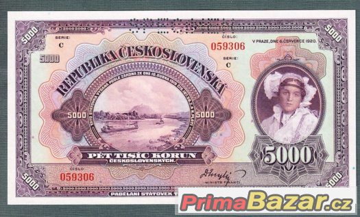 Staré bankovky 5000 korun 1920 bezvadný stav – fotografie 1