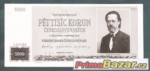 Staré bankovky - 5000 kčs 1945 Smetena bezvadný stav – fotografie 1