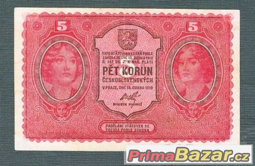 Staré bankovky - 5 korun 1919 – fotografie 1