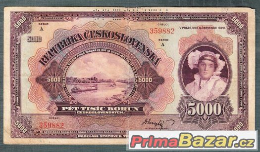 Staré bankovky - 5000 korun 1920 VZÁCNÁ serie A – fotografie 1