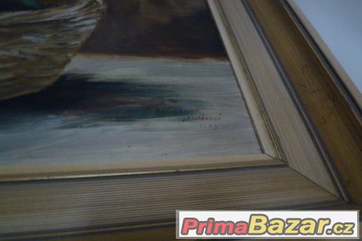 Krásný olej obraz šeříky v rámu signatura – fotografie 2
