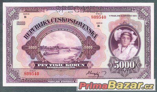 Staré bankovky 5000 korun 1920 bezvadný stav – fotografie 1