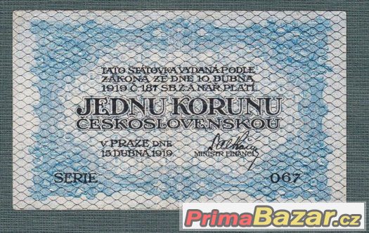 Staré bankovky 1 koruna 1919 – fotografie 1