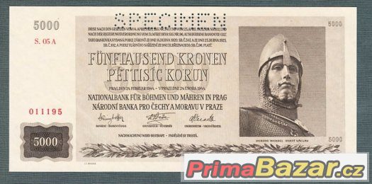 Staré bankovky - 5000 kčs 1944 bezvadný stav – fotografie 1