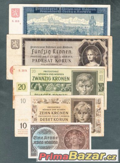 Staré bankovky - sestava Protektorát - 5kusů – fotografie 1