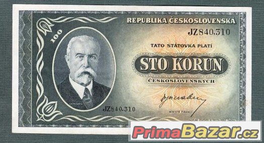 Staré bankovky - 100 kčs 1945 Masaryk, pěkný stav – fotografie 1