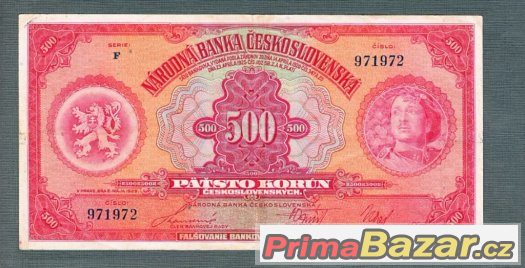 Staré bankovky - 500 korun 1929 NEPERFOROVANA, pěkný stav – fotografie 1