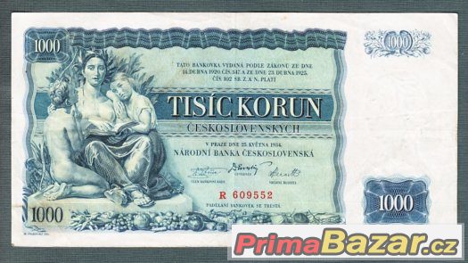 Staré bankovky - 1000 korun 1934 NEPERFOROVANA – fotografie 1