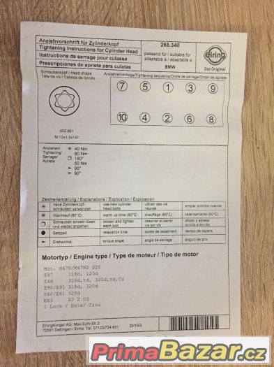 Prodám těsnění pod hlavu značky Elring pro motor M47N/N2 D20 – fotografie 2