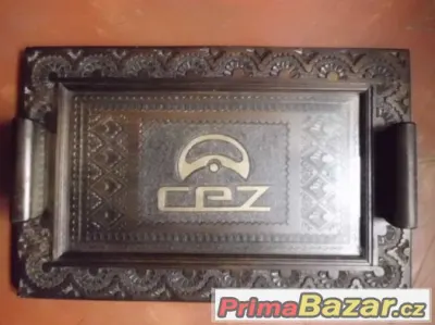 Krásný starý dřevěný vyřezávaný tác s reklamou- CEZ