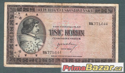Staré bankovky - 1000 kčs 1945 , neperforovana – fotografie 1