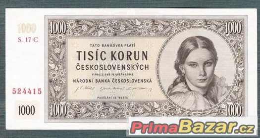 Staré bankovky - 1000 kčs 1945 pěkný stav – fotografie 1