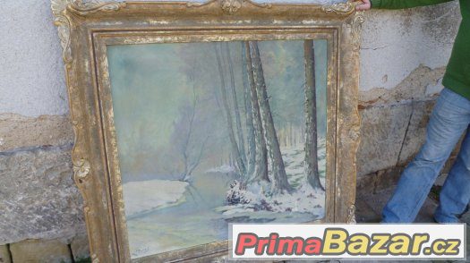 Velikánský obraz řezaný masivní rám Olej na plátně sign. – fotografie 1