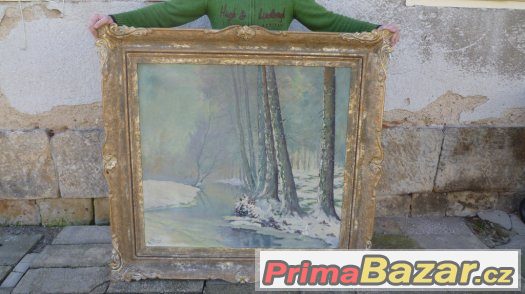 Velikánský obraz řezaný masivní rám Olej na plátně sign. – fotografie 2