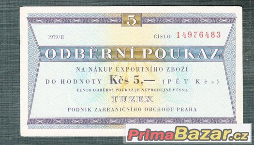 Staré bankovky TUZEX BONY 5kčs pěkný , skoro bezvadný stav, – fotografie 1