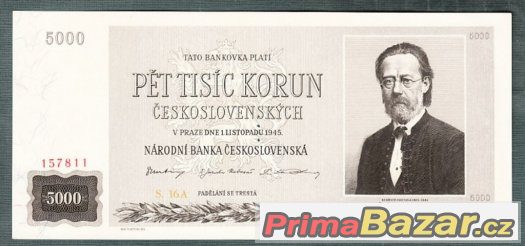 Staré bankovky - 5000 kčs 1945 Smetena bezvadný stav – fotografie 1
