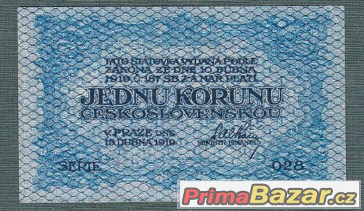Staré bankovky - 1 koruna 1919 , pěkný stav – fotografie 1