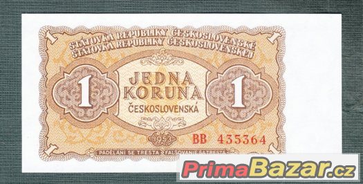 Staré bankovky - 1 kčs 1953 bezvadný stav UNC – fotografie 1