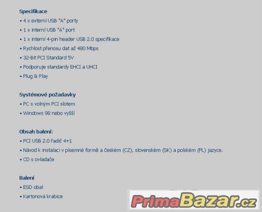 PCI USB 2.0 řadič 4+1, úplně nový – fotografie 4
