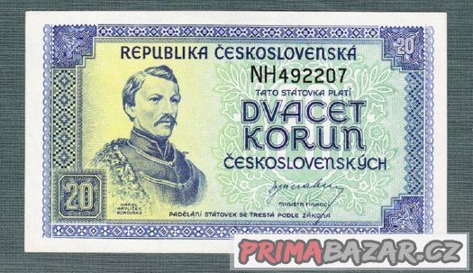 Staré bankovky 20 kčs 1945 UNC bezvadný stav, – fotografie 1