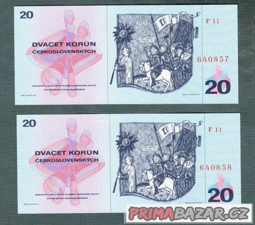 Staré bankovky - 20 kčs 1970 DVĚ PO SOBĚ , bezvadný stav UNC – fotografie 2