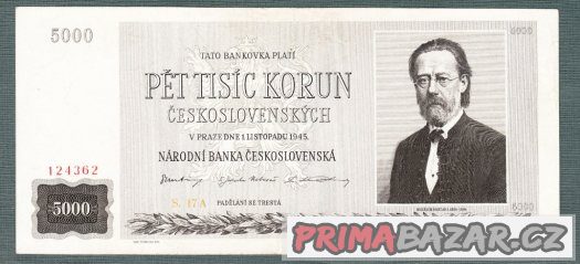 Staré bankovky 5000 kčs 1945 Smetana NEPERFOROVANA, pěkná – fotografie 1