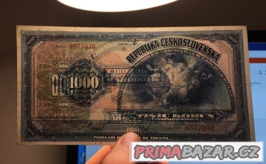 Staré bankovky - 1000 korun 1932 velmi pěkný stav – fotografie 3