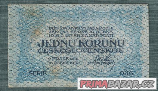 Staré bankovky - 1 koruna 1919 pěkný stav, – fotografie 1